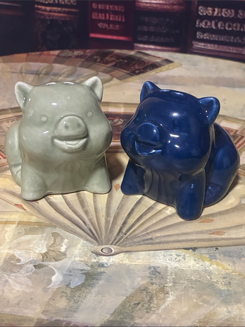 Ceramic sage green and navy blue pigs salt and pepper shakers set